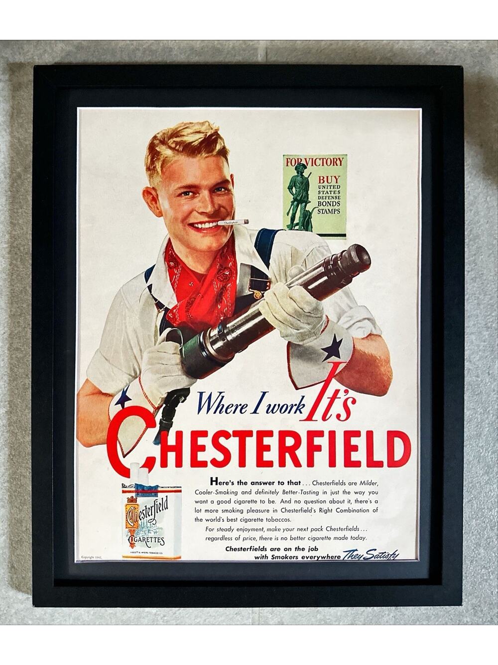 Framed Original 1942 Vintage Chesterfield Ad: Where I Work Soldier